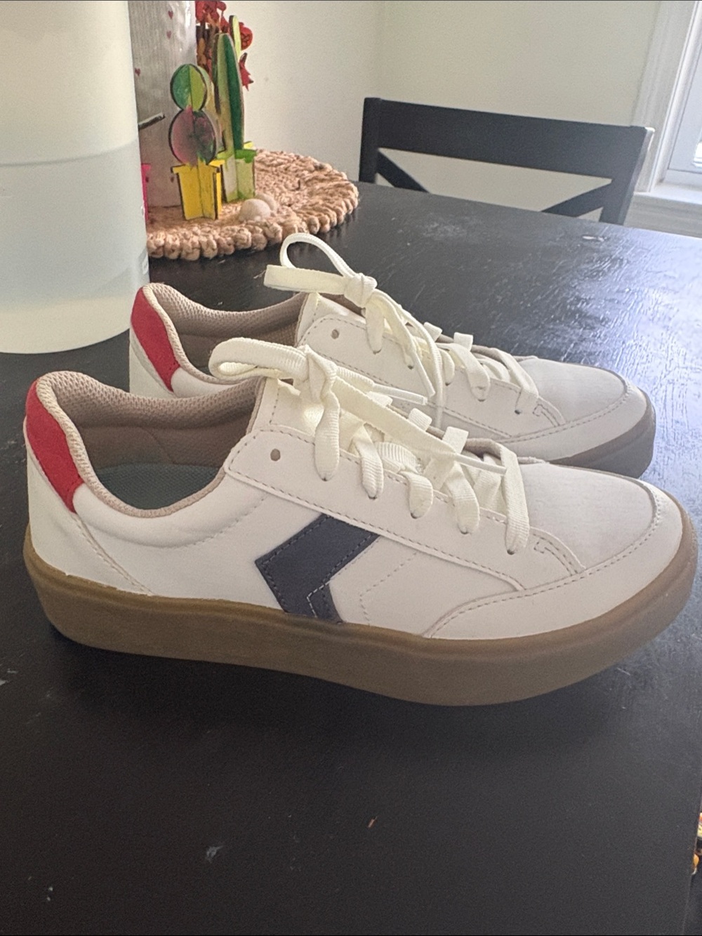 Dr. Scholl's White Leather Sneakers with Navy and Red Accents